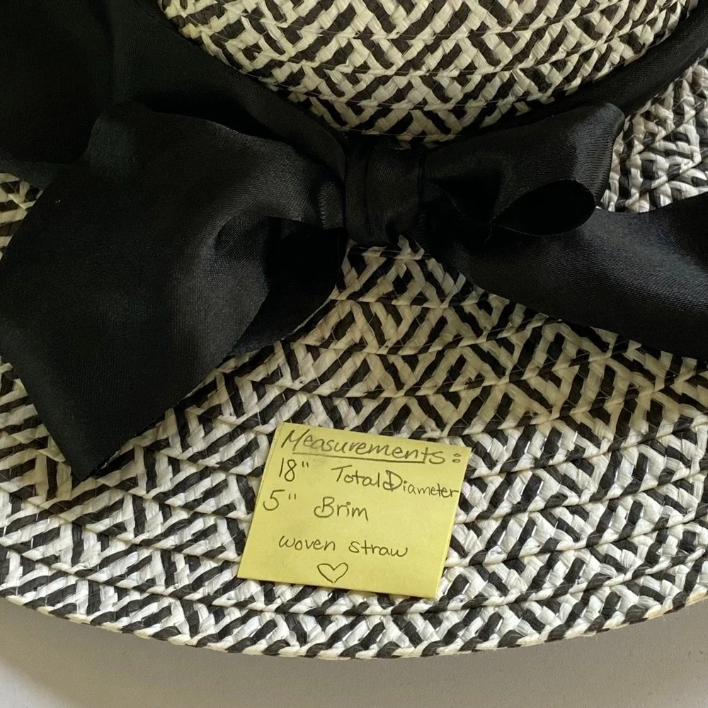 90s Chic Wide Brim Sun Hat Women's Black White Woven Straw Ribbon Bow Summer Hat